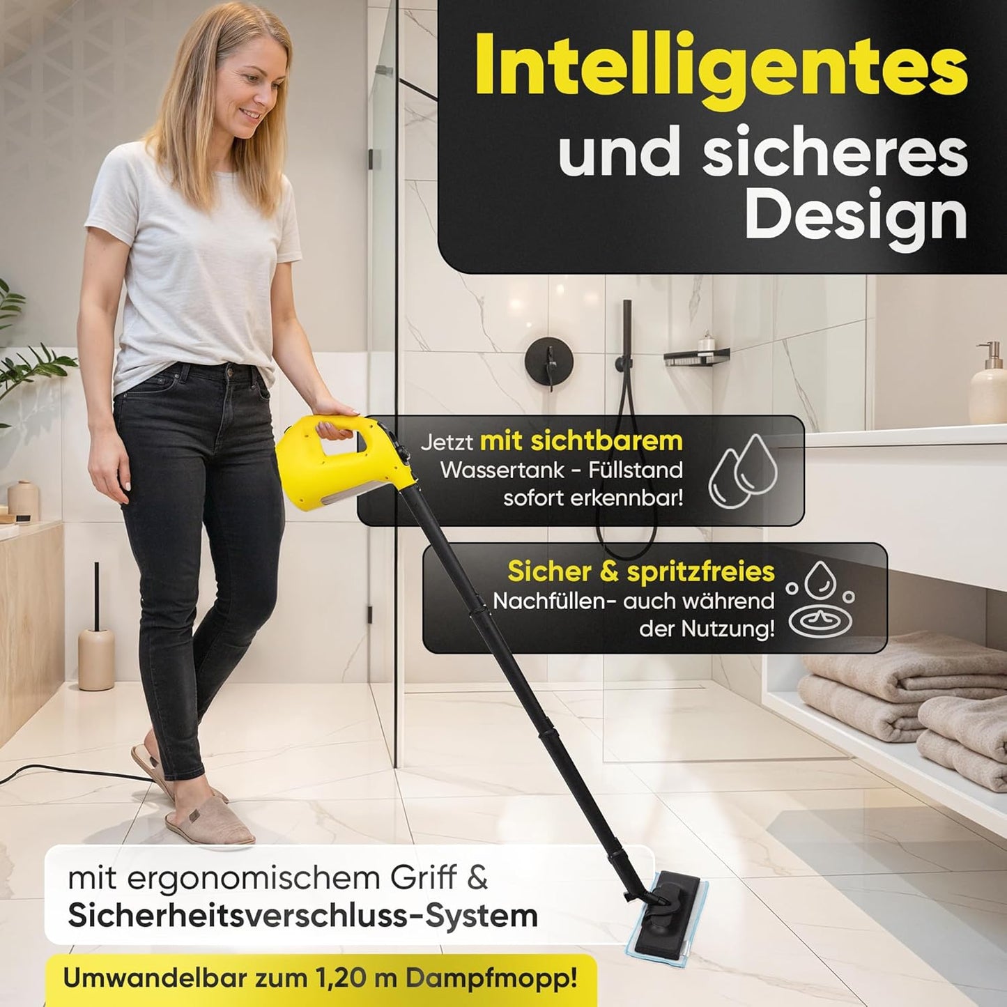 Neighbour's Friend 2-in-1 Dampfreiniger mit Wischfunktion 120 cm - 1500 W - 450 ml - 4 m Kabel - Gelb