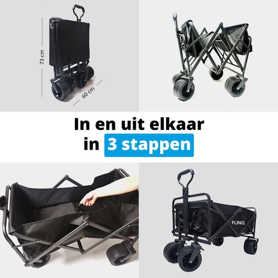 FlinQ Bolderkar mit Dach bis zu 130 KG - faltbar - Strandtrolley mit Schiebestange - zusammenklappbarer Strandtrolley - 100L Kapazität mit Schwenkrädern - Schwarz