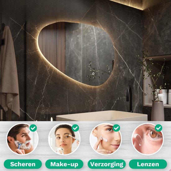 Mirlux Badezimmerspiegel mit LED-Beleuchtung - Asymmetrischer Wandspiegel - Organische Form - Anti-Kondensations-Duschspiegel - Wandspiegel 90x60CM