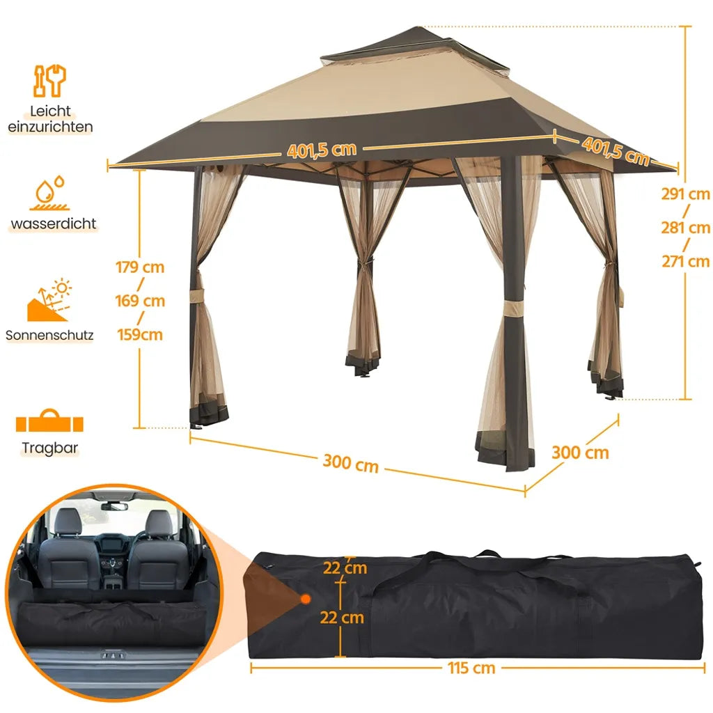 Yaheetech Partyzelt - 4 x 4 m - zusammenklappbar - Gartenpavillon - Mesh-Wände - verstellbar - 271-291 cm - Khaki/Braun