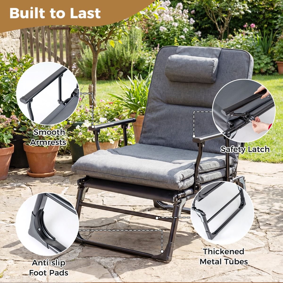 Coast Campingbett 3-in-1 – zusammenklappbares Feldbett und Liegestuhl – 6 Positionen – Grau und Schwarz