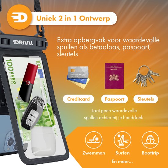 Drivv. Wasserdichte Handytasche 2 in 1 mit Kabel - Universal bis zu 6,7 Zoll - Unterwassergehäuse Telefon - Schwarz