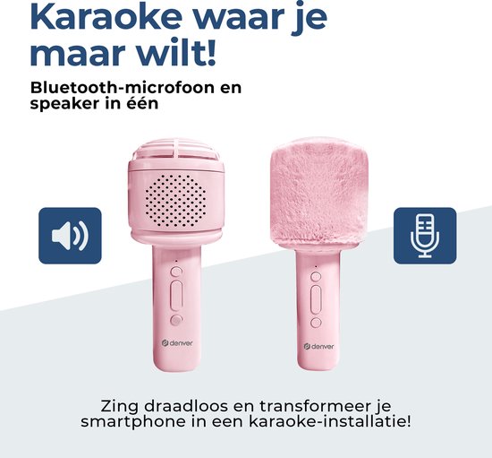 Denver Karaoke-Mikrofon Bluetooth - Drahtlos - Lautsprecher mit flauschiger Oberfläche - Karaoke-Set - AUX - MicroSD - KMS30RO