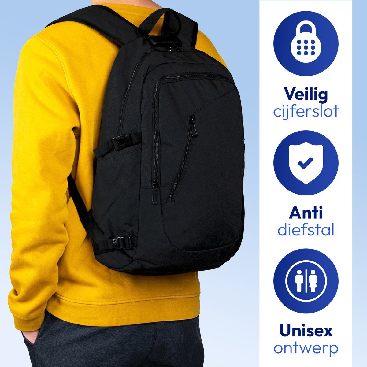 Anti-Diebstahl-Rucksack - Wasserdicht - Inklusive USB-Ladestation - 14 bis 15,6 Zoll - Schwarz