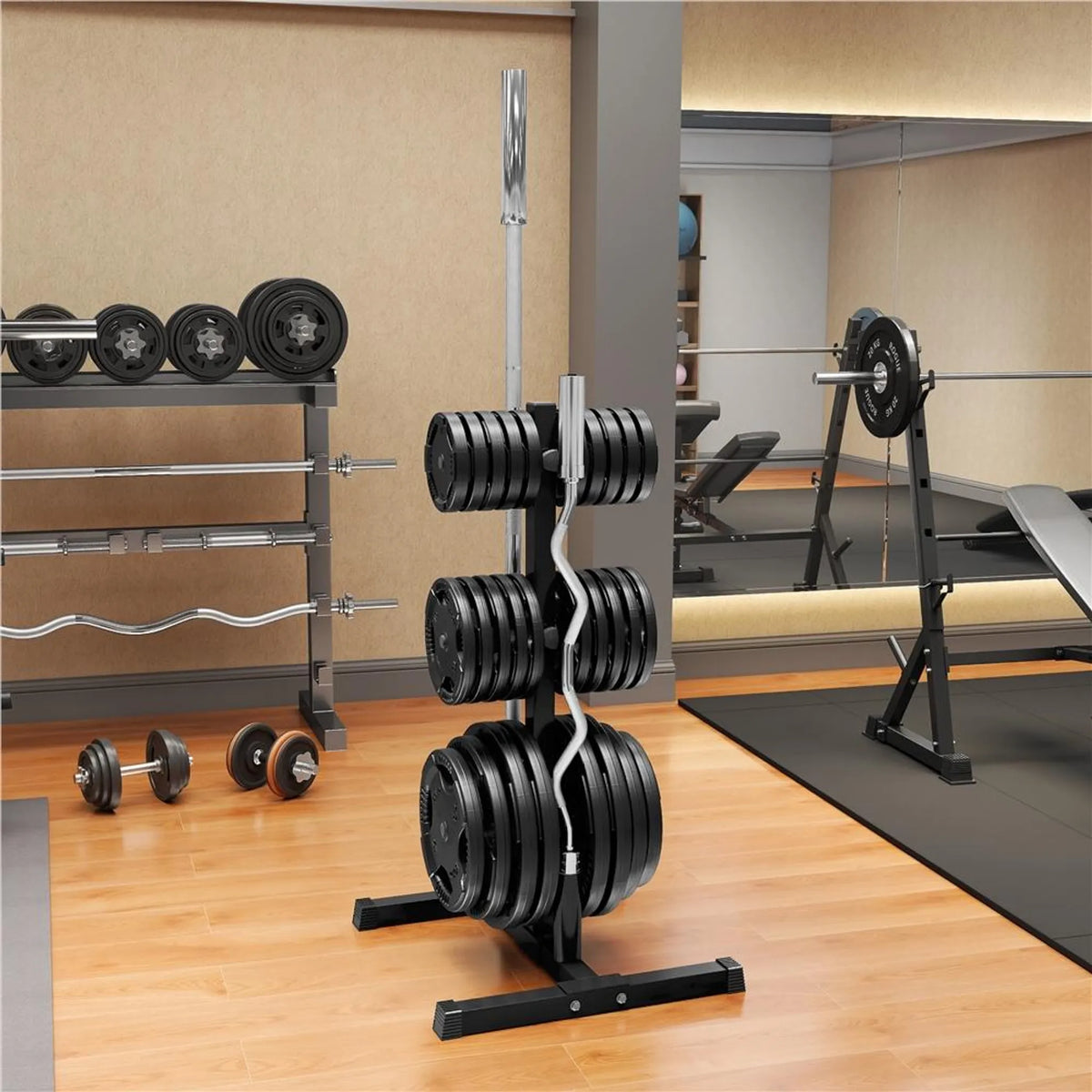 Yaheetech Hantelscheibenständer - Ausgestattet mit 6 Scheibenhaltern und 2 Halterungsstangenhaltern und Kunststoff-Schutzfüßen - Für Home Gym - Schwarzes pulverbeschichtetes Metall - 68,5 x 61 x 113 cm
