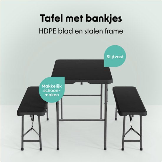 LifeGoods Zusammenklappbares Picknick-Set - 124cm x 61.5cm - Gartentisch mit 2 Bänken - Wetterfest - Campingtisch - Biertisch zusammenklappbar - Für Innen und Außen - Für 4 bis 6 Personen - Schwarz