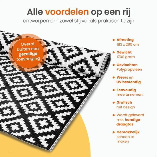 Goliving Outdoor Teppich Summer Diamond - 183x290CM - Gartenteppich - Outdoor Teppich - Teppich - Gartenteppich - Reversibel - Inkl. Tragetasche - Schwarz/Weiß