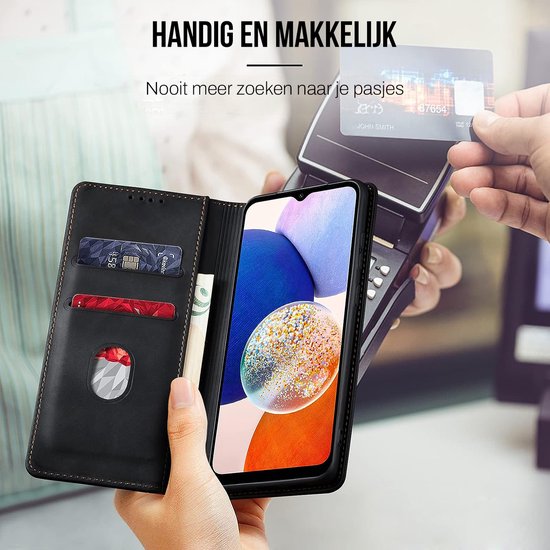 Podec Case mit Kartenhalter passend für Samsung Galaxy A14 Black Phone Case - Anti-Shock Bookcase Cover mit 1x Displayschutzfolie