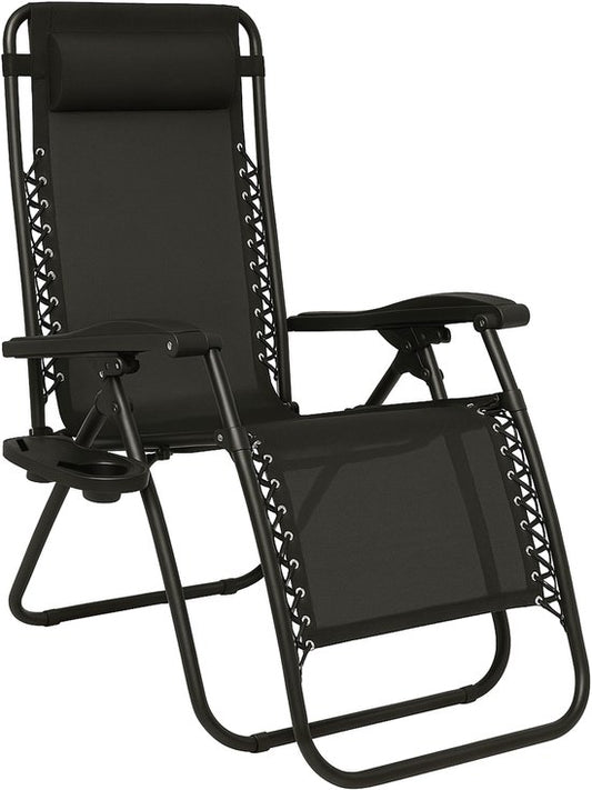 Brixy Faltbarer Gartenstuhl - Liegestuhl - Faltbar - Verstellbar - Ergonomisches Kopfkissen - Metall - Textil - Schwarz