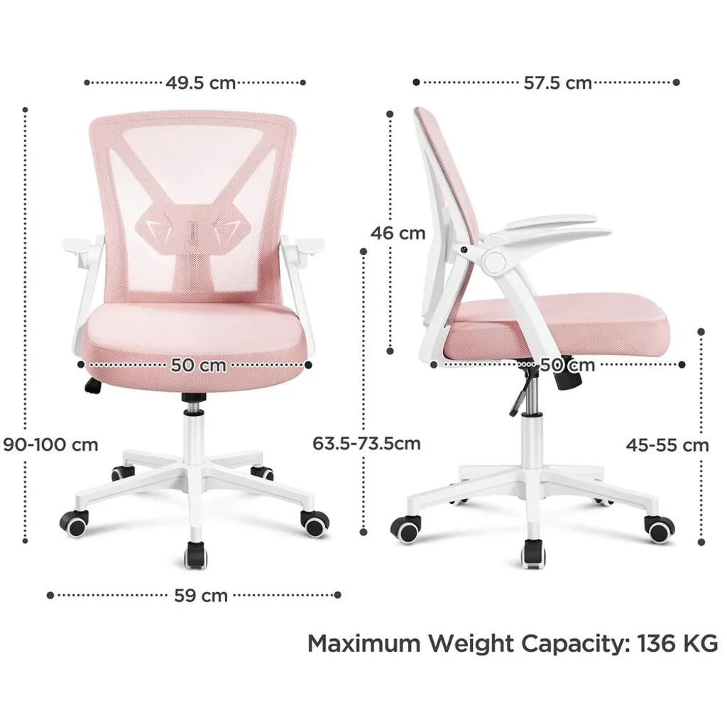 Yaheetech Ergonomischer Bürostuhl, verstellbar, 59 x 57,5 x 90–100 cm – Rosa – Netz-Bürostuhl mit klappbaren Armlehnen und Lendenwirbelstütze