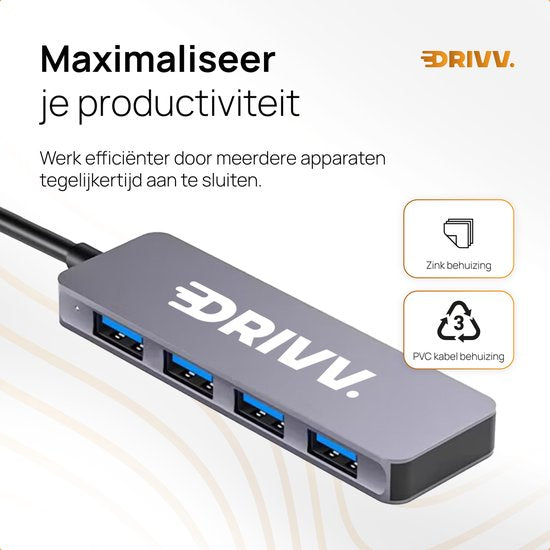 Drivv. USB-Splitter 4 Ports - USB 3.0A - USB-Hub 3.0 - Aluminiumgehäuse - Grau