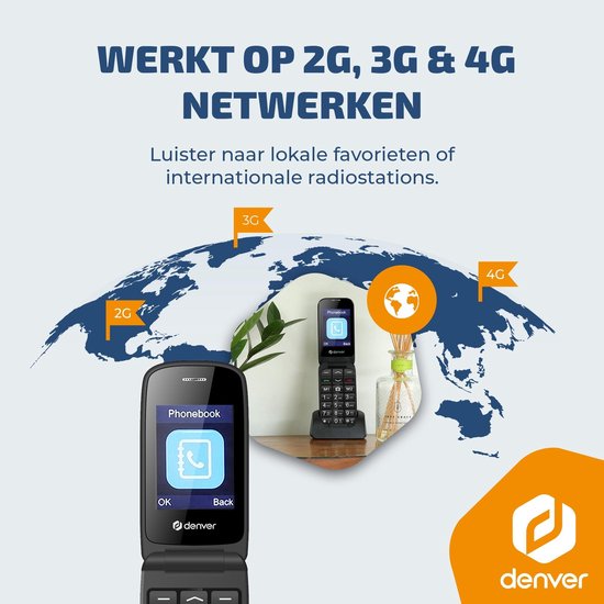 Denver Senioren-Handy 4G – Große Tasten – SOS-Taste – Ohne Smartphone aufwachsen – Ladestation – GSM – Bluetooth – FM-Radio – Vollständig auf Niederländisch und Französisch – Modell 2026 – BAS24800L