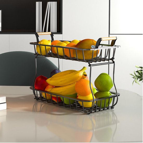 Posity Fruit Bowl 2 Layer - Obstkorb - Obst Etagere - Gemüsekorb - Drahtkorb - Obstregal - Holz & Metall - Schwarz