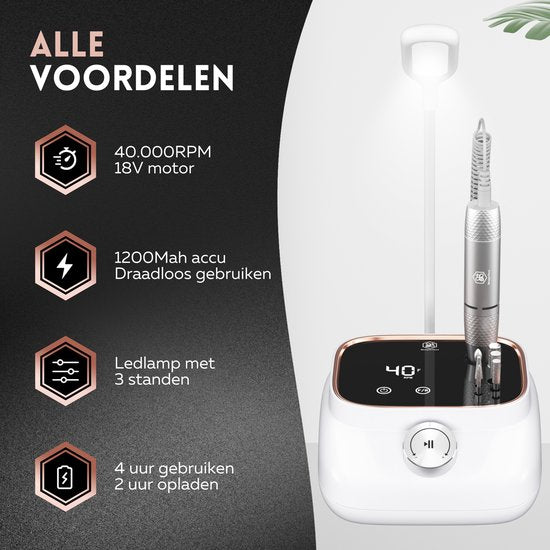 Beeperfect® Elektrische Nagelfeile Desktop Edition - Nagelfräse - Maniküre- und Pediküreset - 40.000 U/min - kabellos & wiederaufladbar - 11 Bits 3 Zubehör & 56 Schleifrollen - Rose Gold
