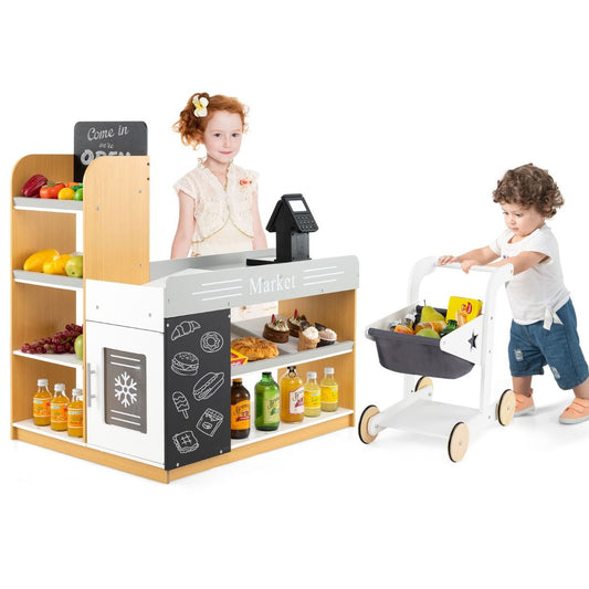 Coast Holz-Supermarkt-Spielset für Kinder – inklusive Einkaufswagen und Kasse – mit Schultafeln – mehrfarbig