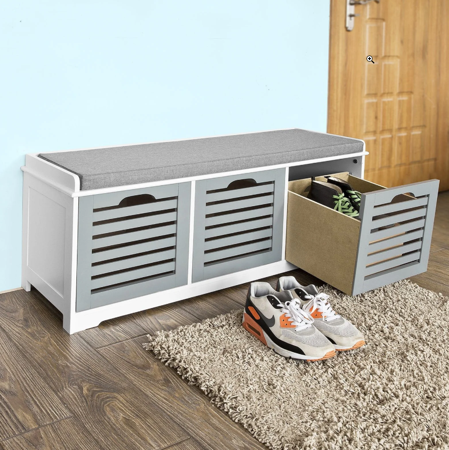 SoBuy FSR23-HG Moderne Schuhbank - 3 Körbe - 35 x 105 x 43 cm - Weiß/Grau
