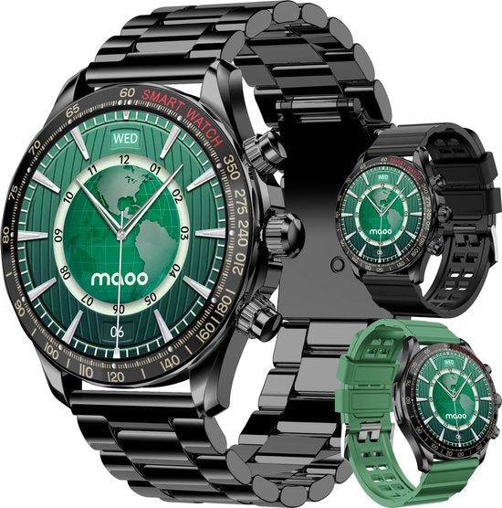 Maoo Titan AMOLED Smartwatch Herren - Edelstahl und 2 TPU-Bänder - Schrittzähler - Herzfrequenzmesser - Schlafüberwachung - Multisport - Geeignet für Android und iOS - Schwarz