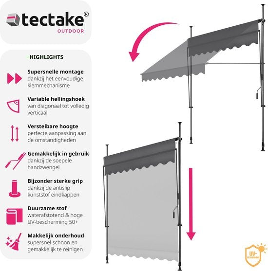 tectake - Klemmmarkise - Sonnenschirm - Verstellbar - 200 x 180 cm - Anthrazit