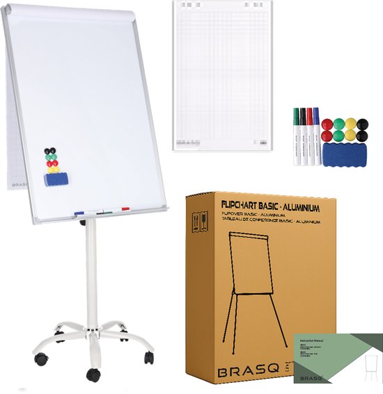 BRASQ Flipover Mobile - 70x100 cm - Verstellbares Whiteboard - Inklusive 25 Blatt Papier, 4 Marker, 8 Magnete, Radiergummi - Flipover mit Büroklammer und Haken - Magnetische Tafel - Magnetische Tafel - Weiß
