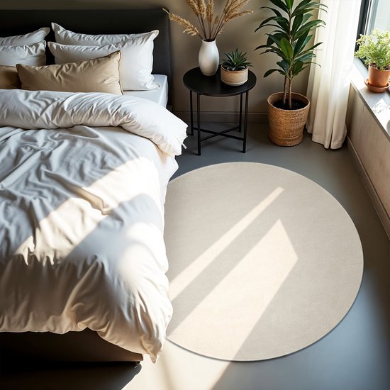 tectake® Kurzflorteppich - Rund - Ø120 cm - Creme - 1630 g/m² Florgewicht - Teppich für Wohnzimmer, Schlafzimmer, Esszimmer - Pflegeleicht und waschbar - Anti-Rutsch-Unterlage - Allergikerfreundlich - Verschiedene Größen und Farben