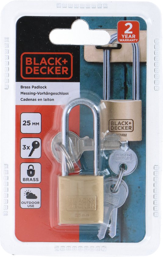 BLACK+DECKER Vorhängeschloss - 25mm - Langer Bügel - Inkl. 3 Schlüssel - Massivmessingschloss