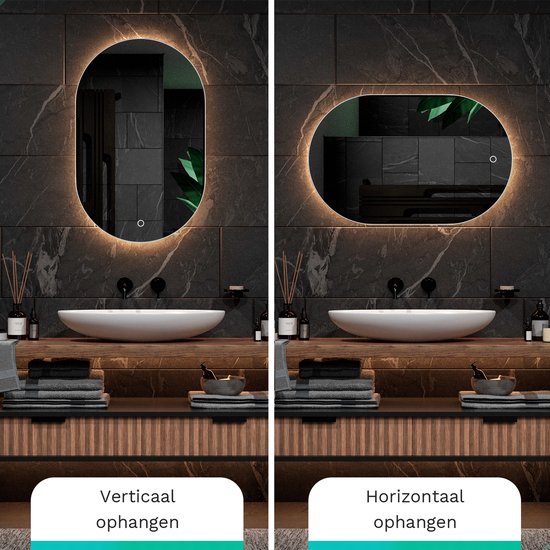 Mirlux Badezimmerspiegel mit LED-Beleuchtung & Heizung - Wandspiegel Oval - Anti-Kondensations-Duschspiegel - 90x60CM