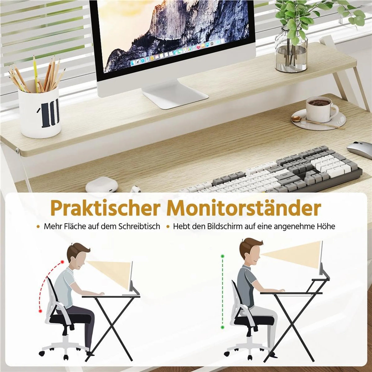 Yaheetech Klappbarer Computertisch mit Monitorhalterung – 106,5 x 60,5 x 90 cm – Helles Holz