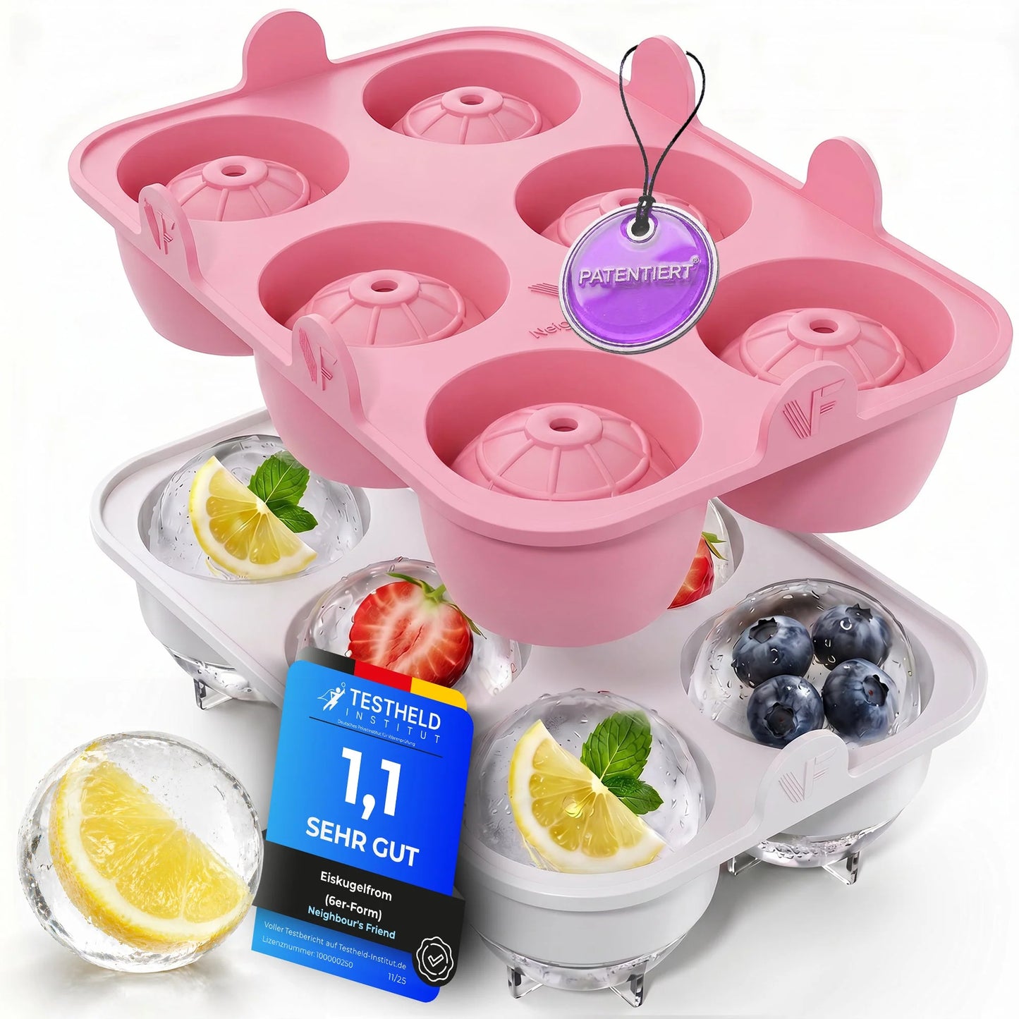 Neighbour's Friend Patentierte Eiskugelform XXL Rosa 2er-Set – Große runde Eiswürfelform aus Platin-Silikon