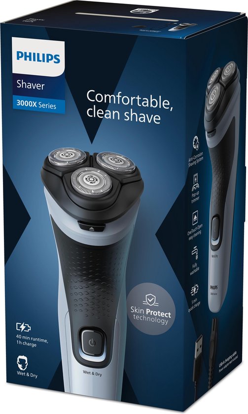 Philips Shaver 3000X X3003/00 – Nass- und Trockenrasur – Rasierer für Männer – Mit Trimmer – Blau