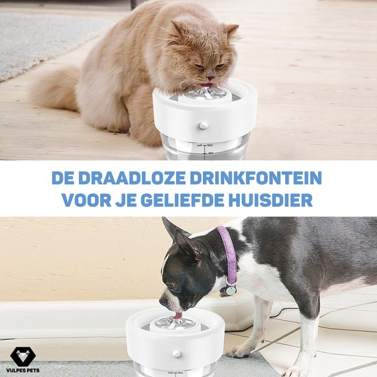 Vulpes Goods Pets - Trinkbrunnen für Katze & Hund PRO - Kabellos - Wiederaufladbar - Tragbar - Anti-Spill - weiß