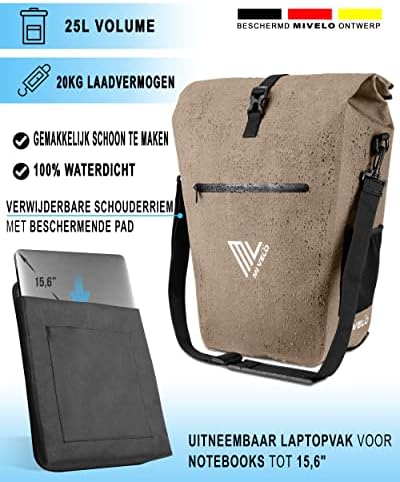 MIVELO Fahrradtasche für den Gepäckträger – 100 % wasserdicht, PVC-frei, Laptopfach, sandbeige