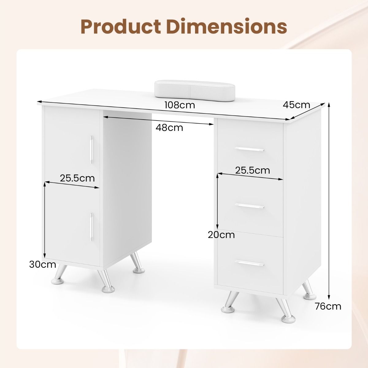 Coast Professional Manikürtisch 108 x 45 x 76 cm Weiß mit 2 Schränken, 3 Schubladen und Handgelenkstütze für Nagelstudio und Schönheitssalon