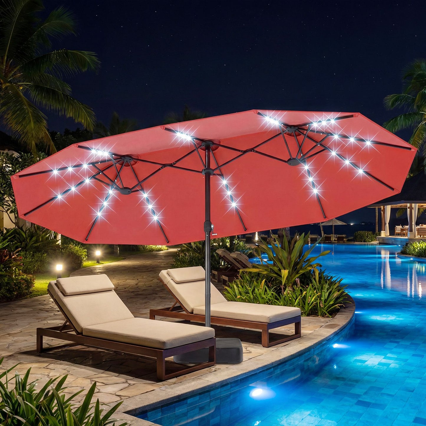 Coast 460 x 285 cm Doppelter Gartenschirm, orange, mit 48 solarbetriebenen LEDs – Extra großer Sonnenschirm mit selbstaufladendem Solarpanel