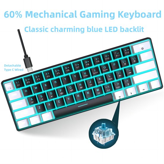 HXSJ V900 - Wired Gaming Keyboard - Mechanisch - RGB - Blauer Schalter - 61 Tasten - QWERTY-Tastaturen - Schwarz weiß