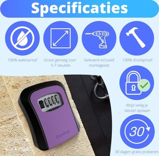Schlüsseltresor Schlüsseltresor mit Code für draußen - Schlüsselschrank mit Wandhalterung - Schlüsseltresor Earkings Safe mit Zahlenschloss Lila