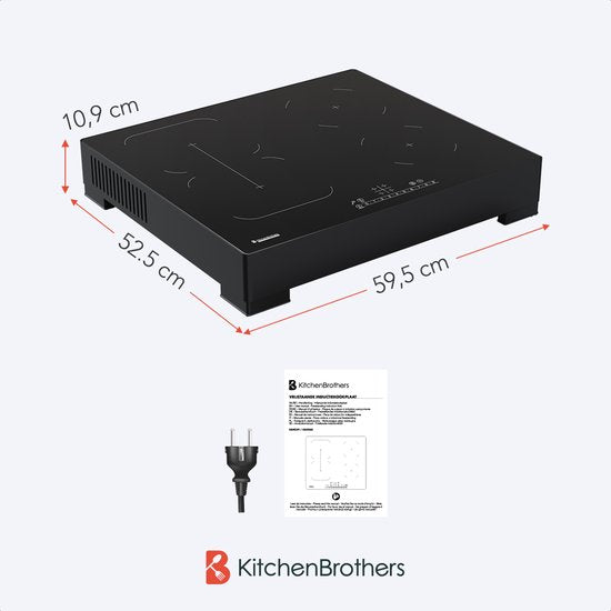 KitchenBrothers Induktionskochfeld - Freistehendes Induktionskochfeld - 60 cm - 4 Zonen - 1x Flexzone - 1 Phase - bis zu 3500W - Schwarz