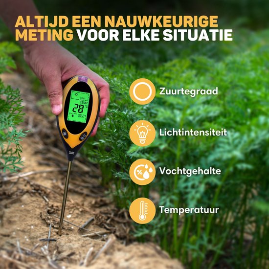 Vulpes Goods® Feuchtemessgerät für Pflanzen - 4-in-1 - Feuchtemessgerät - Innen und Außen - Hygrometer für Zimmerpflanzen - - pH, Lichtmessgerät, Temperaturmessgerät und Feuchtemessgerät - Bodenfeuchtemessgerät - PRO Version - inkl. Batterie