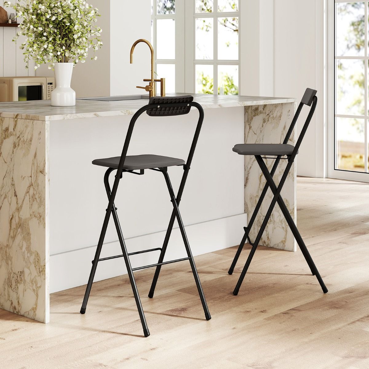 Coast Barhocker, 2er-Set – zusammenklappbar – mit Rückenlehne – grau und schwarz