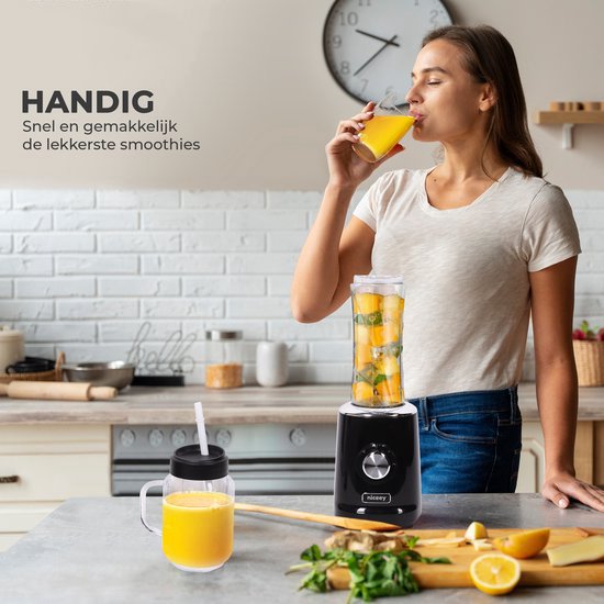 Niceey Mini Blender - Smoothie Maker - Mixer Smoothie - Entsafter - 500W - mit 2 To-Go Bechern - Schwarz