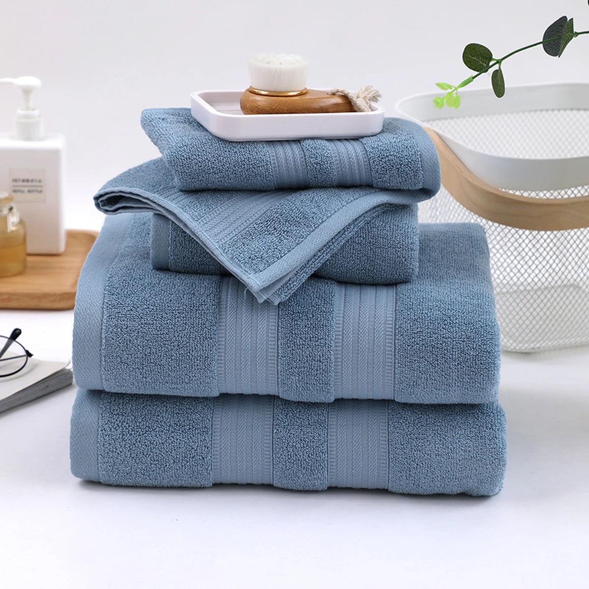 Tuqiang Badetuch-Set, 4er-Set – Blau – 100 % Baumwolle, gebürstetes Garn