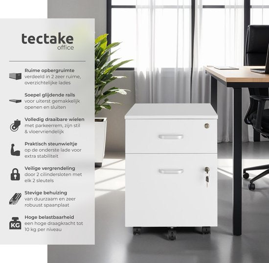tectake Schubladenschrank - Mit 2 abschließbaren Schubladen, feststellbare Rollen - Rollcontainer - Organizer - Ideal für einen organisierten Arbeitsplatz - Büro, Arbeitszimmer, Home Office - Weiß