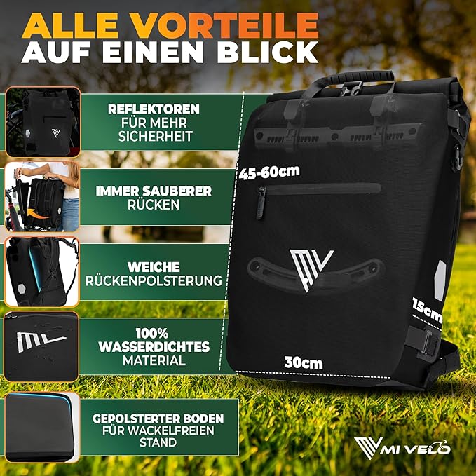 MIVELO Pannier - 3-in-1-Rucksack & Umhängetasche - Wasserdicht - 20 Liter - Schwarz