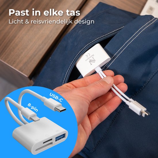 Nuvance SD-Kartenleser - 3 in 1 - Micro SD-Karte - USB zu USB C - 8-Pin - Geeignet für alle Handys, Tablets & Laptops