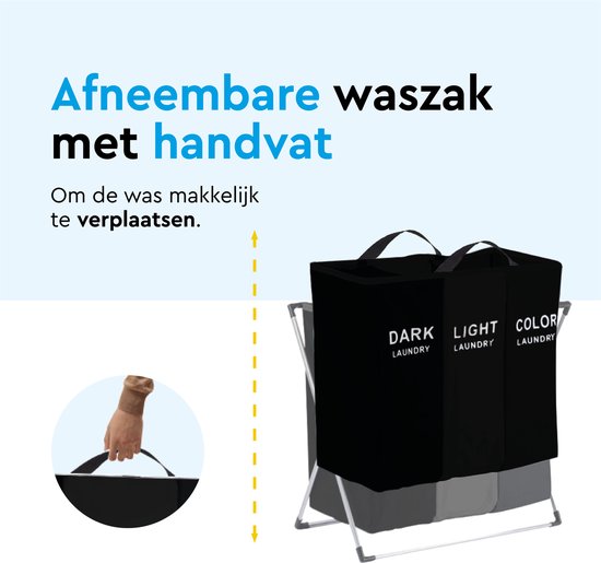 BRASQ Wäschekorb faltbar 3 Fächer - Wäschesortierer 65x39x60 cm - Wäschebox Schwarz - 118 Liter - Korb