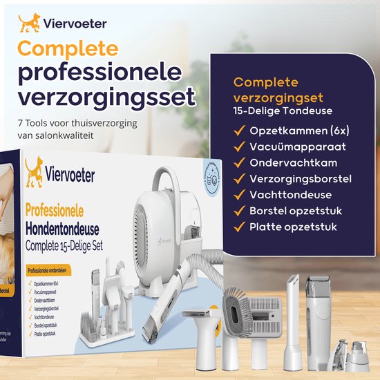Viervoeter® Professionelle 15-teilige Hundeschermaschine mit Staubsauger – Für dickes Fell – Absaugen & Trimmen – Pflegeset – Katzen und Hunde