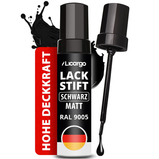 Licargo Lackstift schwarz matt – Reparaturstift für Autolack – Präzisionspinsel – hohe Deckkraft und schnelle Trocknung – hergestellt in Deutschland