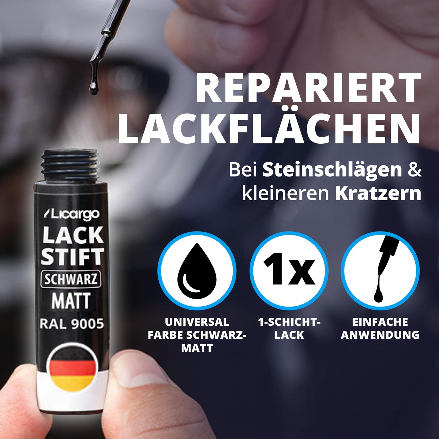 Licargo Lackstift schwarz matt – Reparaturstift für Autolack – Präzisionspinsel – hohe Deckkraft und schnelle Trocknung – hergestellt in Deutschland