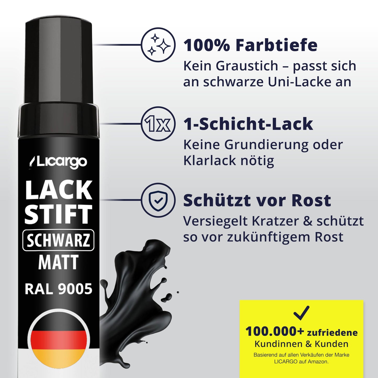 Licargo Lackstift schwarz matt – Reparaturstift für Autolack – Präzisionspinsel – hohe Deckkraft und schnelle Trocknung – hergestellt in Deutschland