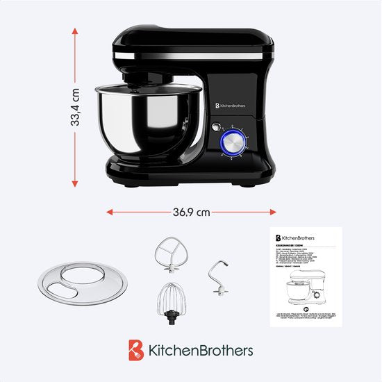 KitchenBrothers Küchenmaschine - Küchenroboter - 5L - Küchenmixer - 1200W - Schwarz