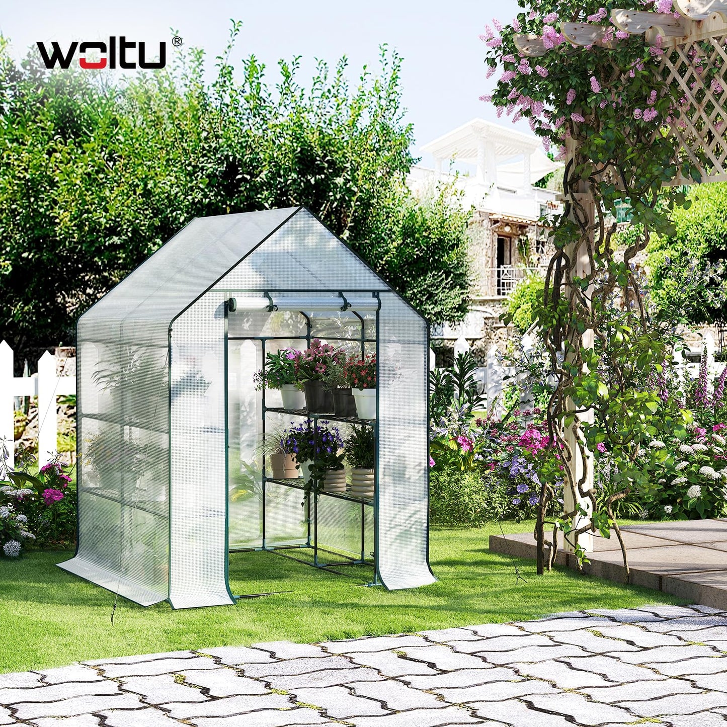 WOLTU Tomatengewächshaus - Foliengewächshaus mit 3 Etagen - weiß - 143 x 143 x 195 cm